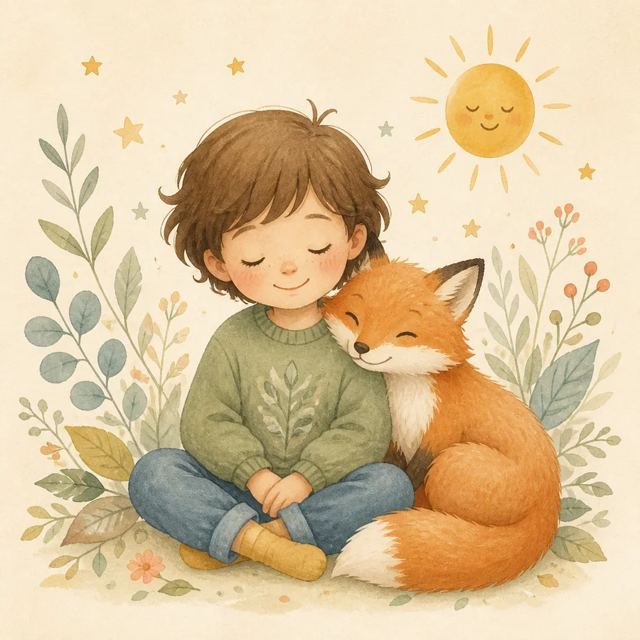 A calm child with a gentle fox companion, soft gouache illustration